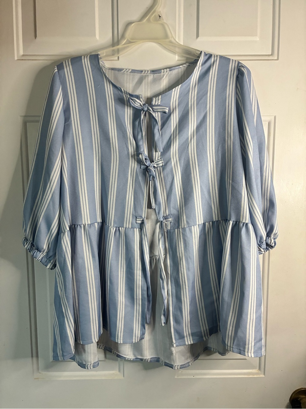 Blue Stripe Tie-Front Peasant Top - Unbranded